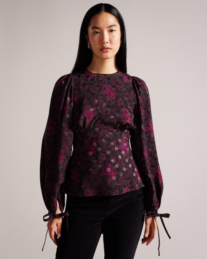 Hauts Ted Baker Printed Peplum With Cuffed Sleeves Noir Femme | QEY-95657230